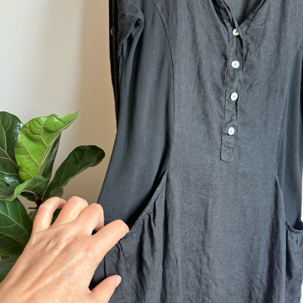 Terzo Millenio Black Linen Cotton Mini Dress Size M Made In Italy V Neck - Picture 4 of 8